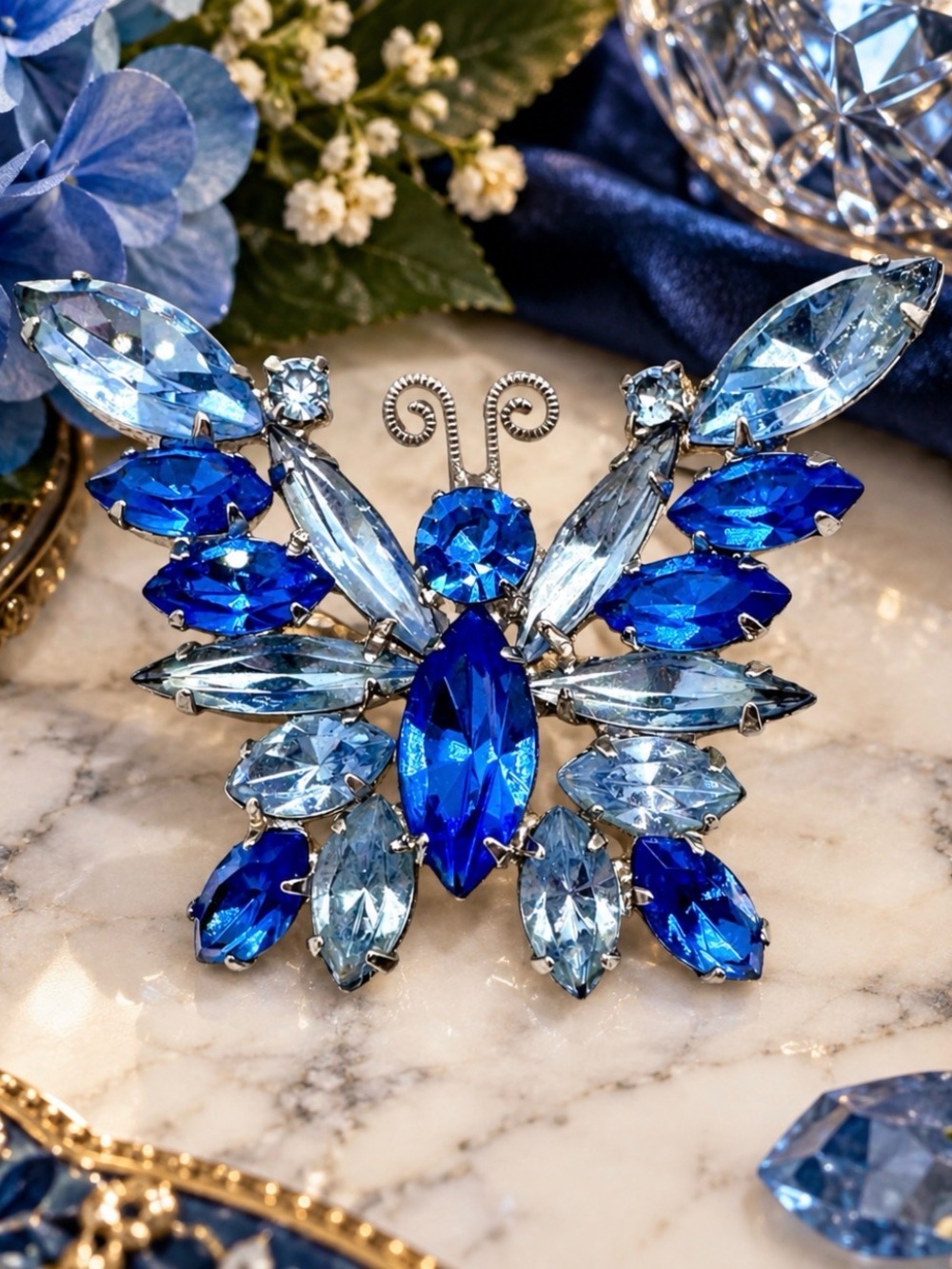 JULIANA D&E Verified Vintage Silver Shades of Blue Rhinestone Butterfly Brooch